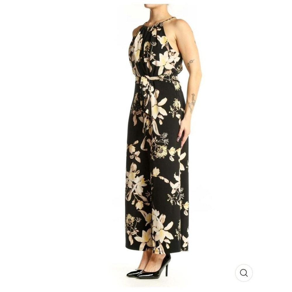 White House Black Market Floral Halter Jumpsuit Black Wide Leg Size L 10 - Picture 2 of 3
